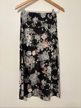 Black Midi Skirt with Pink & Gray Floral Print